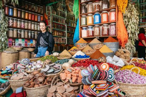 Spices and woven goods in a Marrakech market