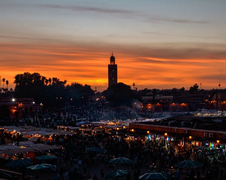 Marrakech skyline and Jemaa el-Fnaa at sunset